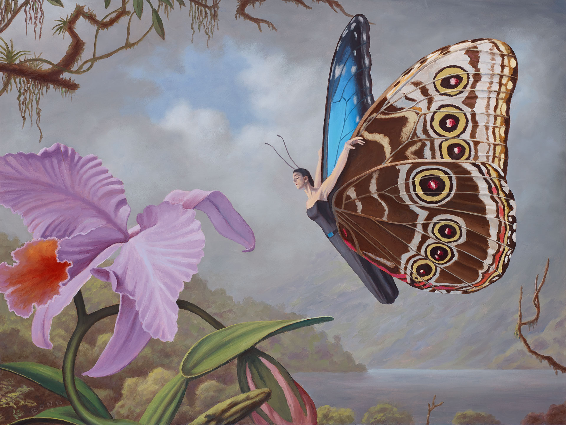 Morpho, painting of Blue Morpho Butterfly, art of Costa Rica, art with woman as butterfly, painting of tropical scene, orchid flower art, painting about transformation, soulful uplifting inspirational art, soul stirring illusion art, romantic art,  surrealism, surreal art, dreamlike imagery, fanciful art, fantasy art, dreamscape visual, metaphysical art, spiritual painting, metaphysical painting, spiritual art, whimsical art, whimsy art, dream art, fantastic realism art, magic realism oil painting by Paul Bond