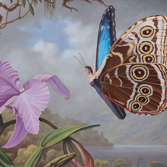 Morpho, painting of Blue Morpho Butterfly, art of Costa Rica, art with woman as butterfly, painting of tropical scene, orchid flower art, painting about transformation, soulful uplifting inspirational art, soul stirring illusion art, romantic art,  surrealism, surreal art, dreamlike imagery, fanciful art, fantasy art, dreamscape visual, metaphysical art, spiritual painting, metaphysical painting, spiritual art, whimsical art, whimsy art, dream art, fantastic realism art, magic realism oil painting by Paul Bond