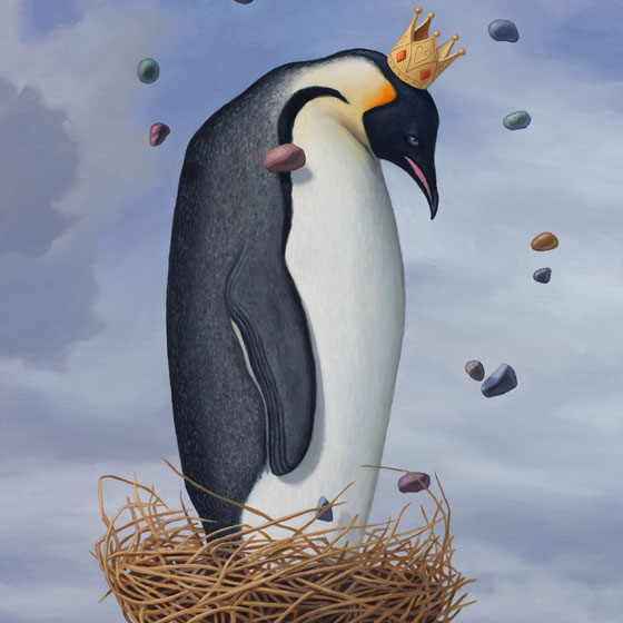 The Forlorn Emperor, painting about loneliness and sadness, art featuring an Emperor Penguin, art with bird nest, painting of stones, mating ritual art, painting about self love art meaning lonely, painting about finding a partner, anthropomorphism art, painting of Antarctic, art with clouds and sky, royal crown painting, soulful uplifting inspirational art, soul stirring illusion art, surrealism, surreal art, dreamlike imagery, fanciful art, fantasy art, dreamscape visual, metaphysical art, spiritual painting, metaphysical painting, spiritual art, whimsical art, whimsy art, dream art, fantastic realism art, magic realism oil painting by Paul Bond