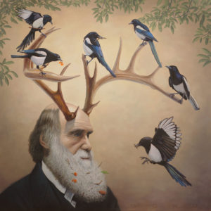 A Bemused Charles Darwin Adorned by Six Magpies