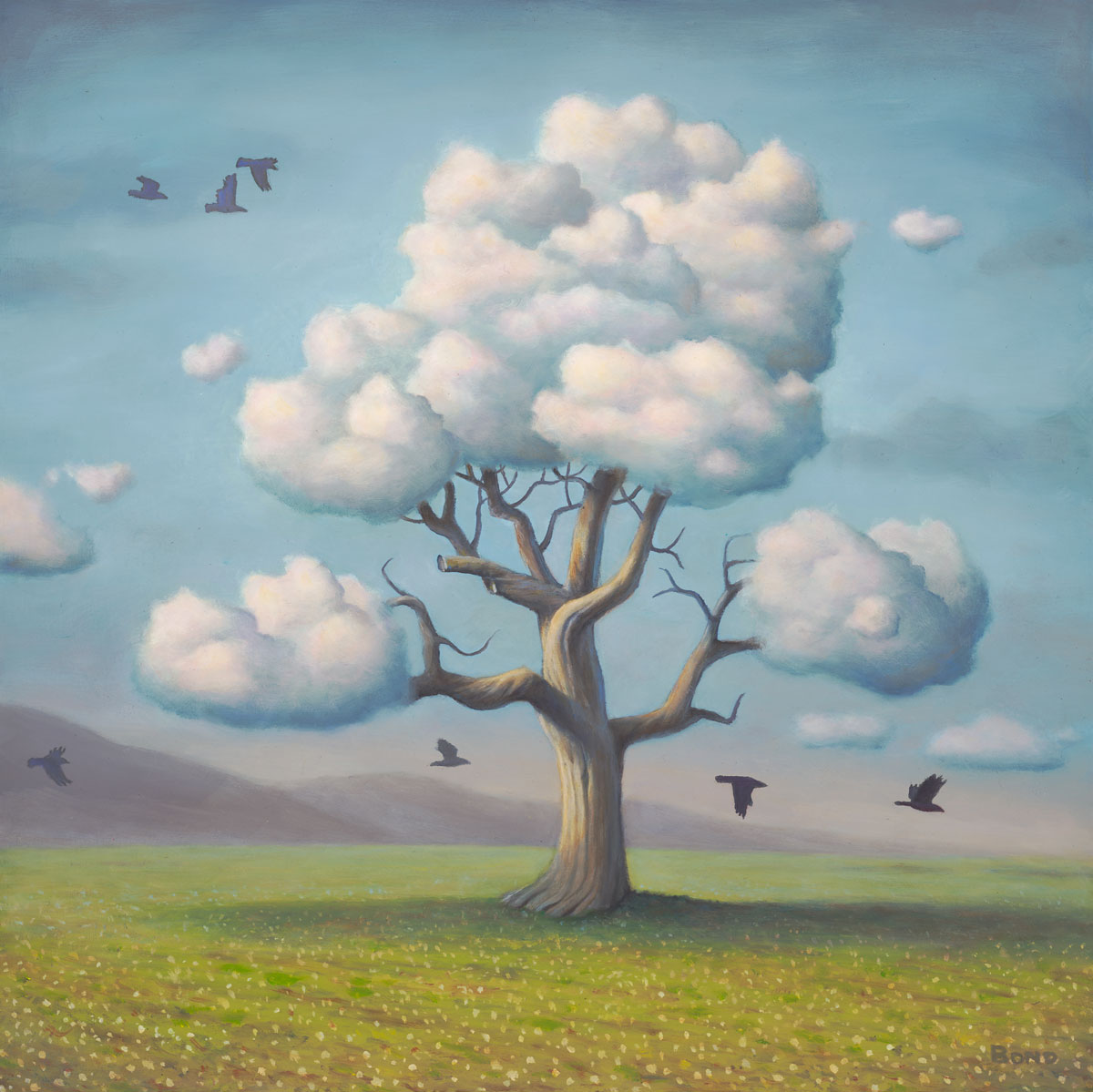 A Conspiracy of Nature, painting of a tree with cloud branches and birds flying around,  art includes sky, clouds, trees, flying, nature, art with raven crow, soulful uplifting inspirational art, soul stirring illusion art, romantic art,  surrealism, surreal art, dreamlike imagery, fanciful art, fantasy art, dreamscape visual, metaphysical art, spiritual painting, metaphysical painting, spiritual art, whimsical art, whimsy art, dream art, fantastic realism art, limited edition giclee, signed art print, fine art reproduction, original magic realism oil painting by Paul Bond