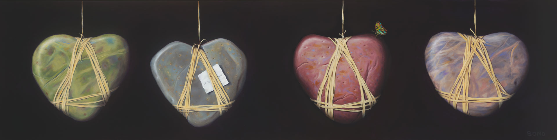 A Discourse on Love, painting of heart stone suspended in air by twine with butterfly and a love note, art elements are heart shaped rock, heart stone, suspended, butterfly,  painting, soulful uplifting inspirational art, soul stirring illusion art, romantic art,  surrealism, surreal art, dreamlike imagery, fanciful art, fantasy art, dreamscape visual, metaphysical art, spiritual painting, metaphysical painting, spiritual art, whimsical art, whimsy art, dream art, fantastic realism art, limited edition giclee, signed art print, fine art reproduction, original magic realism oil painting by Paul Bond