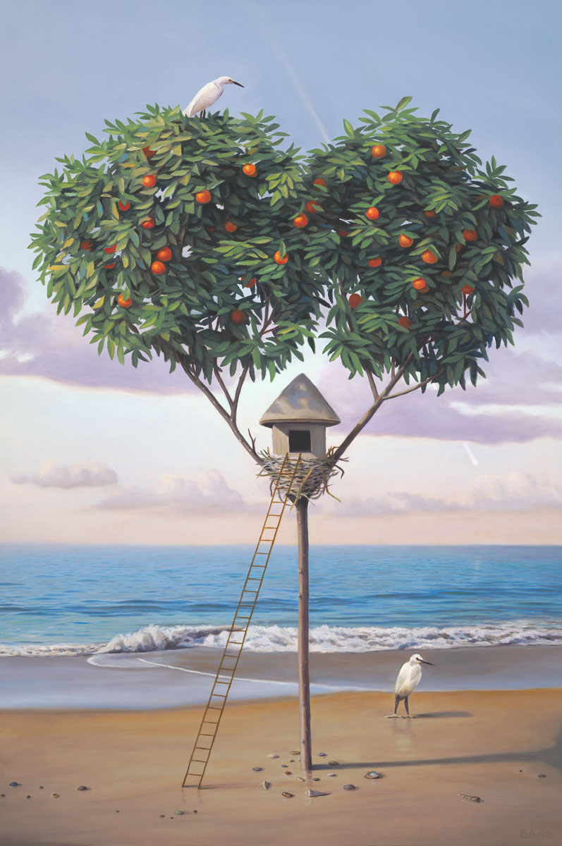 A Home at the Edge of the World, Home, painting of a heart shaped tree, elements of art with a ladder to a birdhouse on the beach, two orange trees, white cranes at the ocean, seascape with sand waves water shells and a birdhouse, features birds ibis crane heron, birdsnest, ladder going up a tree, shell, art with a comet or shooting start, art metaphors are pushing the edge of a boundary, growth and expansion, manifestation, soulful uplifting inspirational art, soul stirring illusion art, romantic art,  surrealism, surreal art, dreamlike imagery, fanciful art, fantasy art, dreamscape visual, metaphysical art, spiritual painting, metaphysical painting, spiritual art, whimsical art, whimsy art, dream art, fantastic realism art, limited edition giclee, signed art print, fine art reproduction, original magic realism oil painting by Paul Bond