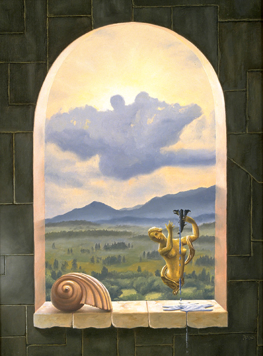 Always The Procreant Urge Of The World, painting of a castle window with a female figurine and shell on ledge overlooking the countryside, soulful uplifting inspirational art, soul stirring illusion art, romantic art,  surrealism, surreal art, dreamlike imagery, fanciful art, fantasy art, dreamscape visual, metaphysical art, spiritual painting, metaphysical painting, spiritual art, whimsical art, whimsy art, dream art, fantastic realism art, magic realism oil painting by Paul Bond