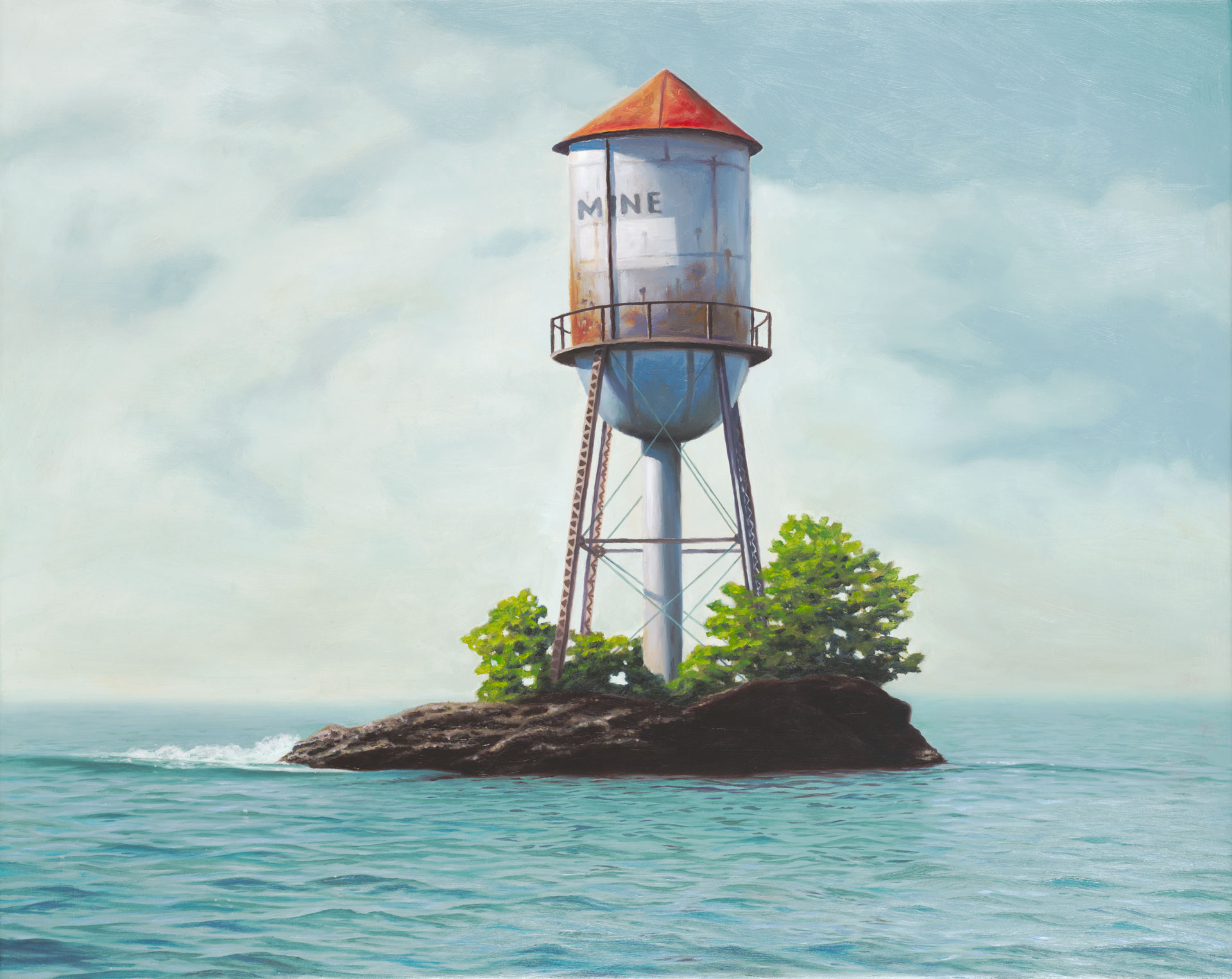 An Unquenchable Thirst, painting of rusty water tower isolated on an island in the ocean, painting about unquenchable thirst, painting about water the sea, art about greed gluttony and hoarding, soulful uplifting inspirational art, soul stirring illusion art, romantic art,  surrealism, surreal art, dreamlike imagery, fanciful art, fantasy art, dreamscape visual, metaphysical art, spiritual painting, metaphysical painting, spiritual art, whimsical art, whimsy art, dream art, fantastic realism art, magic realism oil painting by Paul Bond
