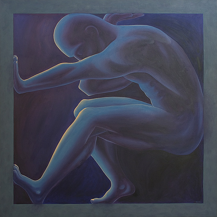 Birthing The New God, painting of a muscular man trapped in a box, art with muscular naked man, soulful uplifting inspirational art, soul stirring illusion art, romantic art,  surrealism, surreal art, dreamlike imagery, fanciful art, fantasy art, dreamscape visual, metaphysical art, spiritual painting, metaphysical painting, spiritual art, whimsical art, whimsy art, dream art, fantastic realism art, magic realism oil painting by Paul Bond