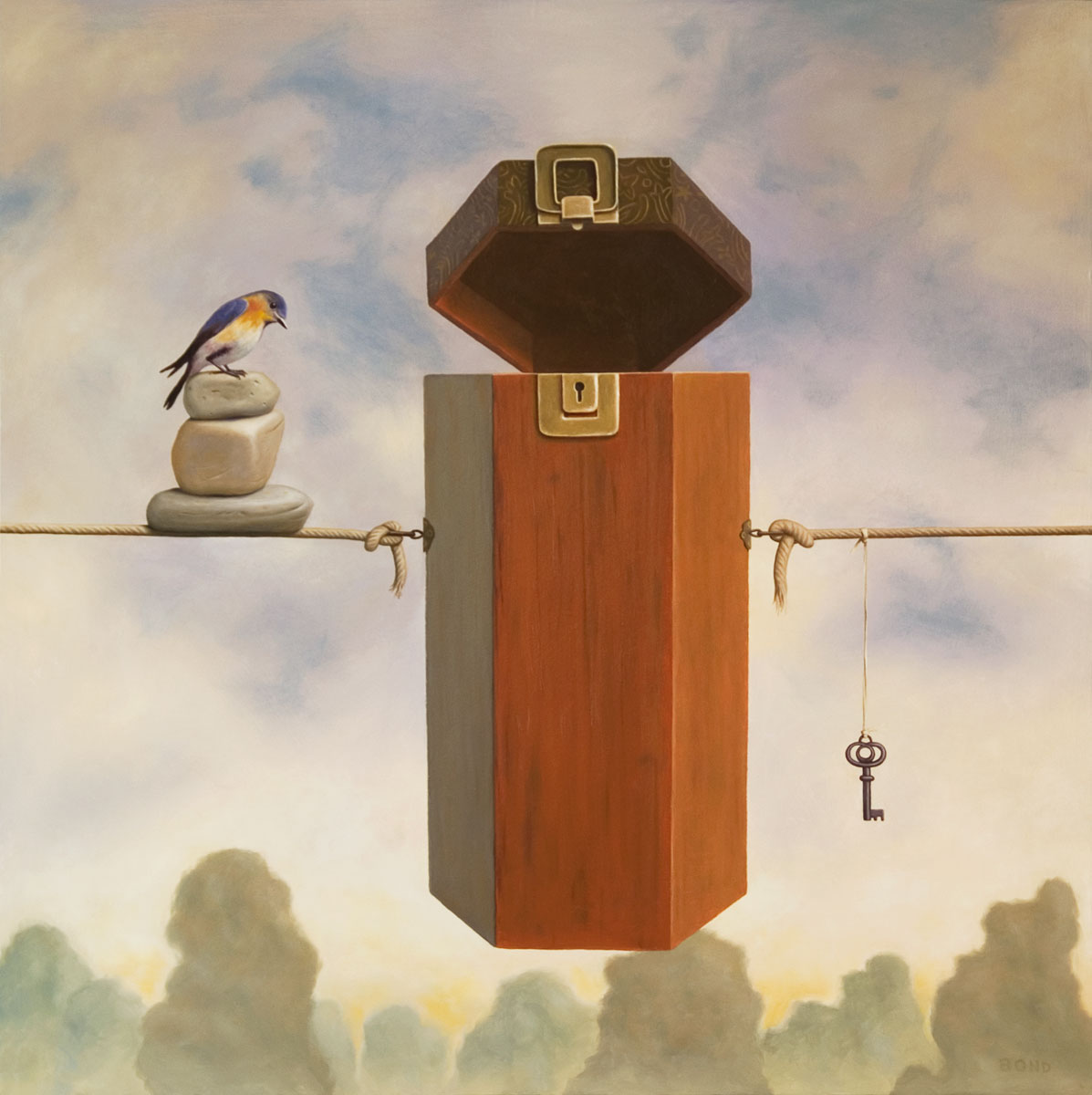 Clairvoyance, painting of a wooden box strung in the air with rope with a bird on stacked stones on one side and a key dangling on the other,cairn, zen, bird, rocks, key, balance, balance, cairn, stones, psychic, seek, trompe l'oeil, soulful uplifting inspirational art, soul stirring illusion art, romantic art,  surrealism, surreal art, dreamlike imagery, fanciful art, fantasy art, dreamscape visual, metaphysical art, spiritual painting, metaphysical painting, spiritual art, whimsical art, whimsy art, dream art, fantastic realism art, magic realism oil painting by Paul Bond