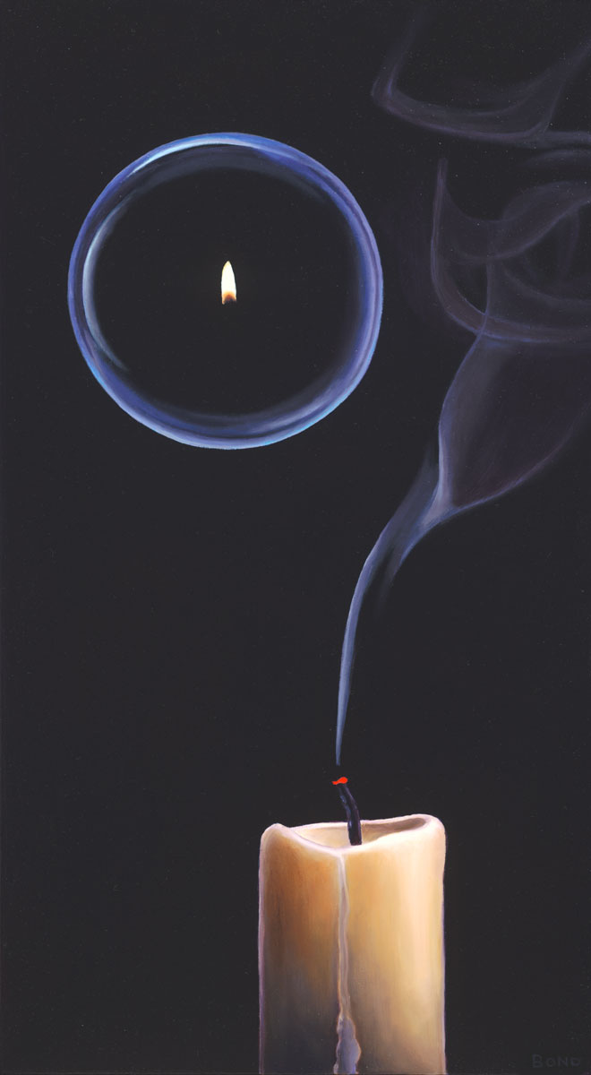 Departure, painting of candle with flame floating away from candle in bubble as smoke lingers on wick, death, dreaming, candle, smoke, extinguish, flame, bubble, light, hope, reincarnation, afterlife, eternal, eternal life, floating, comfort, trompe l'oeil, soulful uplifting inspirational art, soul stirring illusion art, romantic art,  surrealism, surreal art, dreamlike imagery, fanciful art, fantasy art, dreamscape visual, metaphysical art, spiritual painting, metaphysical painting, spiritual art, whimsical art, whimsy art, dream art, fantastic realism art, magic realism oil painting by Paul Bond