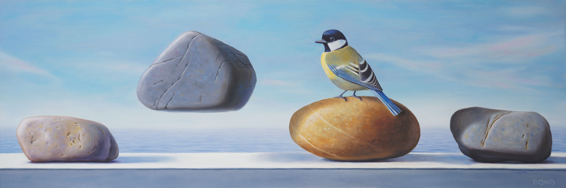 Envy, painting of a bird sitting on a rock staring at a floating rock, painting with ocean sea background, art with bird and rocks, painting with floating stones, art meaning folly, art about being envious, soulful uplifting inspirational art, soul stirring illusion art, romantic art,  surrealism, surreal art, dreamlike imagery, fanciful art, fantasy art, dreamscape visual, metaphysical art, spiritual painting, metaphysical painting, spiritual art, whimsical art, whimsy art, dream art, fantastic realism art, limited edition giclee, signed art print, fine art reproduction, original magic realism oil painting by Paul Bond