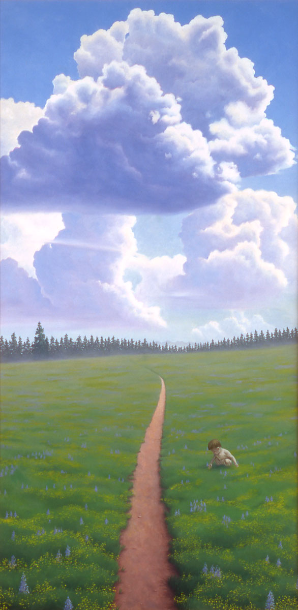 If God Was A Child, painting of a countryside with a boy playing in the grass, painting with little boy on a path, painting of colorado countryside, art from pagosa springs colorado, painting with mountain  trail, art with an infant, painting meaning divine god, soulful uplifting inspirational art, soul stirring illusion art, romantic art,  surrealism, surreal art, dreamlike imagery, fanciful art, fantasy art, dreamscape visual, metaphysical art, spiritual painting, metaphysical painting, spiritual art, whimsical art, whimsy art, dream art, fantastic realism art, magic realism oil painting by Paul Bond