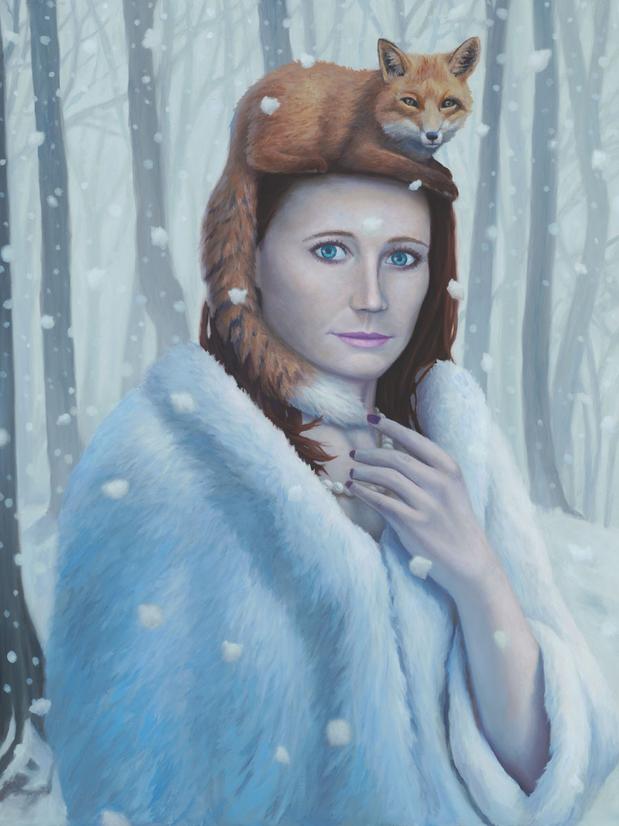 Mandy and the Familiar, painting of a redheaded woman in the snow, painting of woman wearing a white fur coat, picture of a woman with a fox sitting on her head, art with a woman, painting of a girl set with snow and snowflakes, painting with snowflakes on a woman, art wtih trees, art about love and compassion, art meaning nature and kindness, soulful uplifting inspirational art, soul stirring illusion art, romantic art,  surrealism, surreal art, dreamlike imagery, fanciful art, fantasy art, dreamscape visual, metaphysical art, spiritual painting, metaphysical painting, spiritual art, whimsical art, whimsy art, dream art, fantastic realism art, magic realism oil painting by Paul Bond