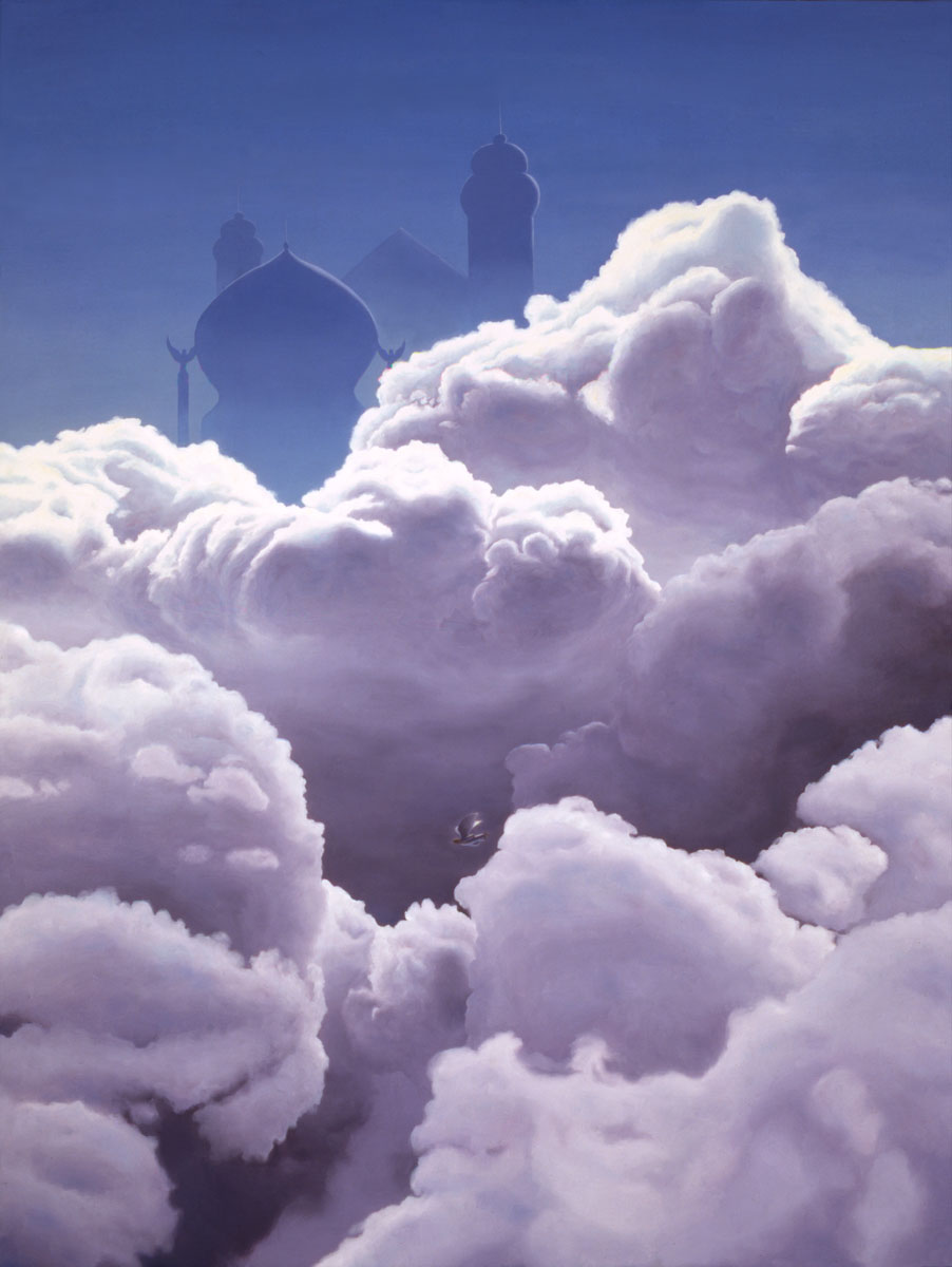 Messenger, painting of clouds and distant temple figures, painting of angel, art with Spirit guardian, art includes cloud sky temple, painting depicting heaven, soulful uplifting inspirational art, soul stirring illusion art, romantic art,  surrealism, surreal art, dreamlike imagery, fanciful art, fantasy art, dreamscape visual, metaphysical art, spiritual painting, metaphysical painting, spiritual art, whimsical art, whimsy art, dream art, fantastic realism art, magic realism oil painting by Paul Bond