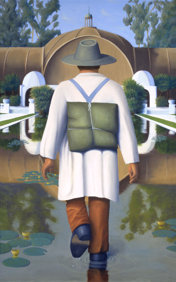 On The Path Of Knowing, painting of a man walking on water toward arboretum, art with temple, painting about wisdom and inner knowing, art with mystery, painting with San Diego balboa park, art with water lily reflecting pond, Art about being there, soulful uplifting inspirational art, soul stirring illusion art, romantic art,  surrealism, surreal art, dreamlike imagery, fanciful art, fantasy art, dreamscape visual, metaphysical art, spiritual painting, metaphysical painting, spiritual art, whimsical art, whimsy art, dream art, fantastic realism art, limited edition giclee, signed art print, fine art reproduction, original magic realism oil painting by Paul Bond