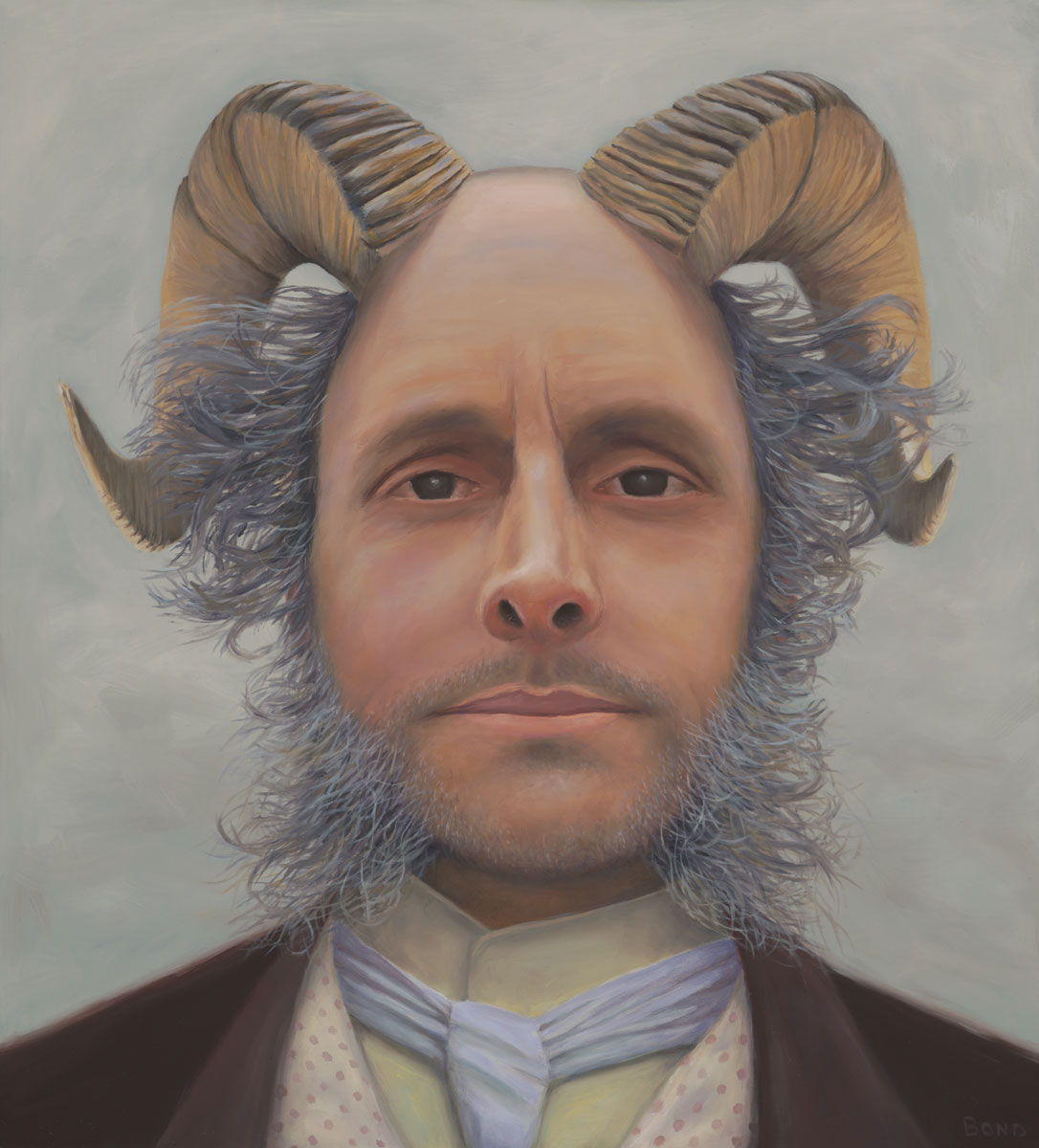 Prof. Thaddeus Steadman Lectures on the Moral Implications of Primal Urgings, painting of a 19th century professor with goat horns coming out of his head, Man, portrait, 19th Century, professor, lecture, goat, ram, horns, pan, beard, trompe l'oeil, soulful uplifting inspirational art, soul stirring illusion art, romantic art,  surrealism, surreal art, dreamlike imagery, fanciful art, fantasy art, dreamscape visual, metaphysical art, spiritual painting, metaphysical painting, spiritual art, whimsical art, whimsy art, dream art, fantastic realism art, magic realism oil painting by Paul Bond