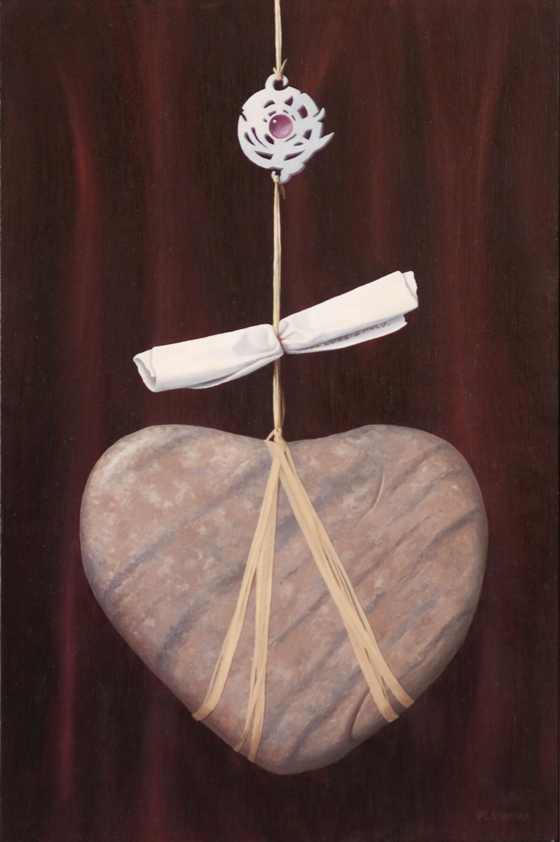 Sacred Contract #2, painting of heart shaped stone suspended by rafia twine with pink jewel pendant and scroll, suspended heart stone, art with scroll and rock, painting meaning love, soulful uplifting inspirational art, soul stirring illusion art, romantic art,  surrealism, surreal art, dreamlike imagery, fanciful art, fantasy art, dreamscape visual, metaphysical art, spiritual painting, metaphysical painting, spiritual art, whimsical art, whimsy art, dream art, fantastic realism art, magic realism oil painting by Paul Bond