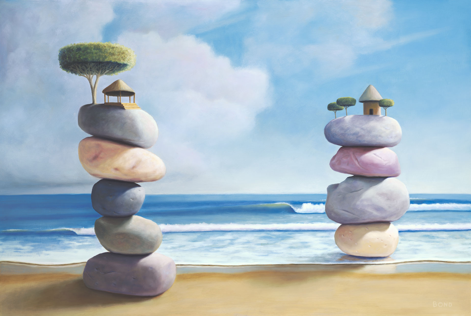Shelter, painting of two stacked stone structures with grass shack hut and tree on the beach, painting meaning about relationship wisdom happiness, art wtih stacked rock stones, art with stacked cairn, zen art, art about balance joy and community, painting depicting huts as homes, beach art with  ocean water, art with waves and clouds, soulful uplifting inspirational art, soul stirring illusion art, romantic art,  surrealism, surreal art, dreamlike imagery, fanciful art, fantasy art, dreamscape visual, metaphysical art, spiritual painting, metaphysical painting, spiritual art, whimsical art, whimsy art, dream art, fantastic realism art, magic realism oil painting by Paul Bond