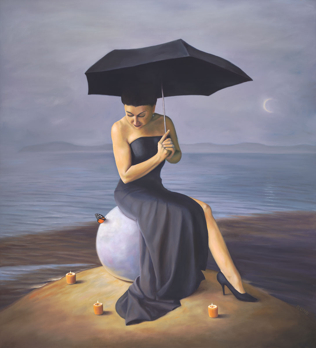 The Luminous Pearl of Her Appointed Plenitude, painting of a woman wearing a black dress sitting on a rock holding an umbrella with candles and a butterfly around her, art about woman dreaming, female figure sitting on a giant pearl, painting with butterflies and  ocean, sea, water, umbrella, black dress, candles, catalina, ceremony, ceremonial, moon, soulful uplifting inspirational art, soul stirring illusion art, romantic art,  surrealism, surreal art, dreamlike imagery, fanciful art, fantasy art, dreamscape visual, metaphysical art, spiritual painting, metaphysical painting, spiritual art, whimsical art, whimsy art, dream art, fantastic realism art, magic realism oil painting by Paul Bond