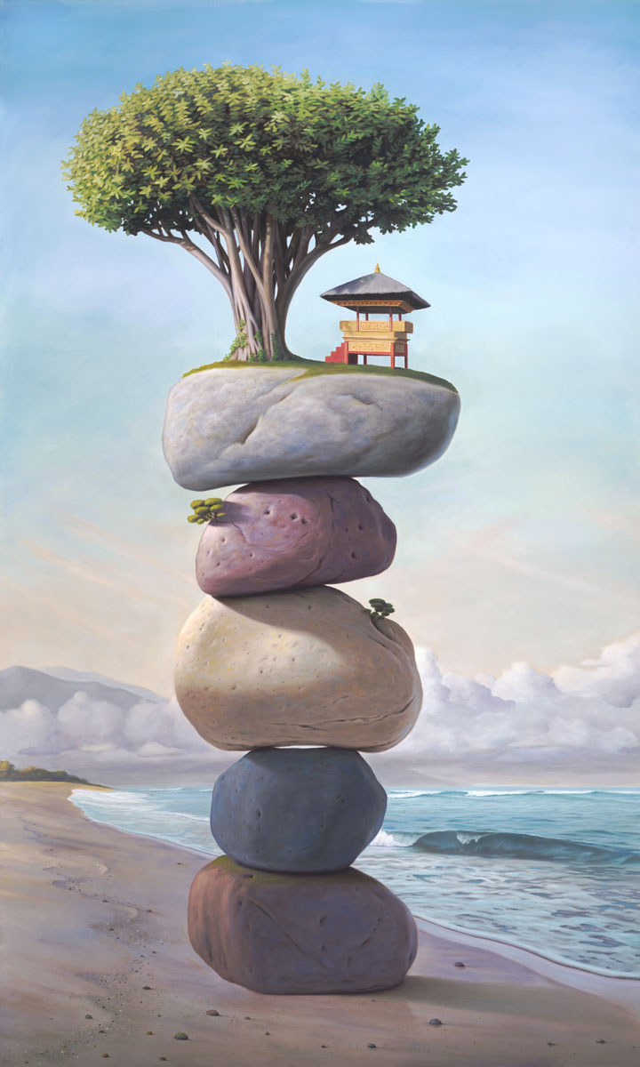 The Soft Morning of Our Remembrance, painting of temple and tree on top of stacked stones on beach near water with clouds in background, tree, wave, dreamscape, ocean, sea, beach, sand, morning, illustion, stacked, stones, rocks, clouds, temple, stairs, steps, art about bali indonesia, holy, sacred, cairn, balance, floating, trompe l'oeil, soulful uplifting inspirational art, soul stirring illusion art, romantic art,  surrealism, surreal art, dreamlike imagery, fanciful art, fantasy art, dreamscape visual, metaphysical art, spiritual painting, metaphysical painting, spiritual art, whimsical art, whimsy art, dream art, fantastic realism art, magic realism oil painting by Paul Bond