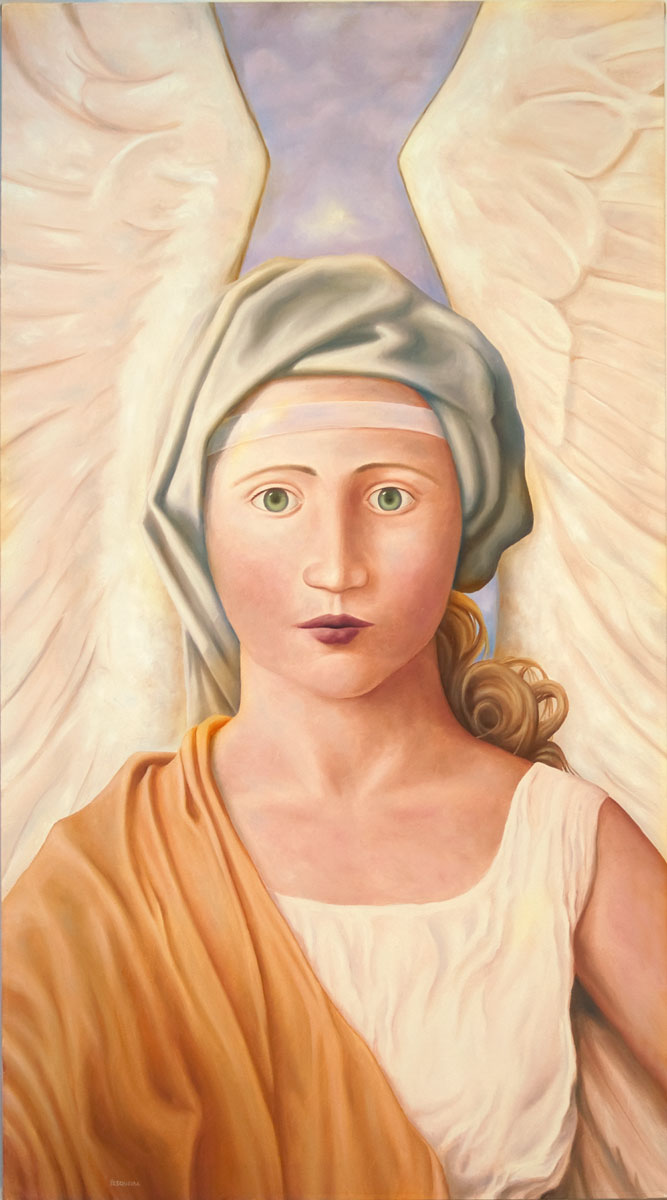 The Whisper, painting of female angel wearing orange robe and white head band, angel, art with renaissance woman, michaelangelo, trompe l'oeil, soulful uplifting inspirational art, soul stirring illusion art, romantic art,  surrealism, surreal art, dreamlike imagery, fanciful art, fantasy art, dreamscape visual, metaphysical art, spiritual painting, metaphysical painting, spiritual art, whimsical art, whimsy art, dream art, fantastic realism art, magic realism oil painting by Paul Bond