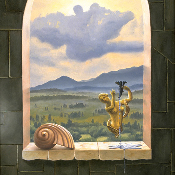 Always The Procreant Urge Of The World, painting of a castle window with a female figurine and shell on ledge overlooking the countryside, soulful uplifting inspirational art, soul stirring illusion art, romantic art,  surrealism, surreal art, dreamlike imagery, fanciful art, fantasy art, dreamscape visual, metaphysical art, spiritual painting, metaphysical painting, spiritual art, whimsical art, whimsy art, dream art, fantastic realism art, magic realism oil painting by Paul Bond