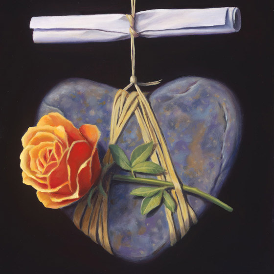 An Enthusiastic Proposal of Deceptively Singular Importance, painting of heart stone suspended by twine with a scroll and orange rose, painting with rocks and stones, art with rose heart, soulful uplifting inspirational art, soul stirring illusion art, romantic art,  surrealism, surreal art, dreamlike imagery, fanciful art, fantasy art, dreamscape visual, metaphysical art, spiritual painting, metaphysical painting, spiritual art, whimsical art, whimsy art, dream art, fantastic realism art, magic realism oil painting by Paul Bond