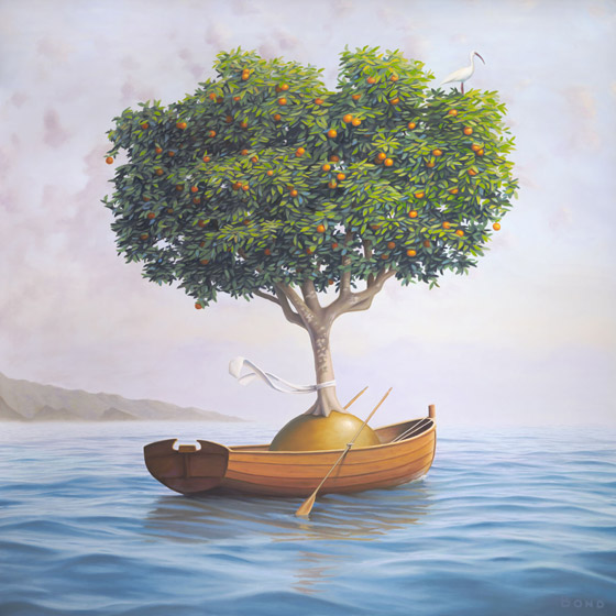 An Expedition of Supreme Benevolence, painting of an orange tree in a rowboat with a scarf on the water, art wtih orange tree, art wtih rowboat, art with ship, art with orb, dreamscape of ocean illusion, painting wtih optical illustion, art with ocean wave and surf, soulful uplifting inspirational art, soul stirring illusion art, romantic art,  surrealism, surreal art, dreamlike imagery, fanciful art, fantasy art, dreamscape visual, metaphysical art, spiritual painting, metaphysical painting, spiritual art, whimsical art, whimsy art, dream art, fantastic realism art, limited edition giclee, signed art print, fine art reproduction, original magic realism oil painting by Paul Bond