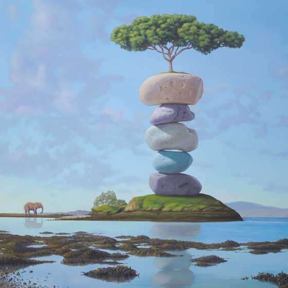Approaching the Sacred, painting of elephant approaching bonzai tree sitting on top of colorful stacked stones, art with elephant, art with cairn, art about sacfred holy reverence, soulful uplifting inspirational art, soul stirring illusion art, romantic art,  surrealism, surreal art, dreamlike imagery, fanciful art, fantasy art, dreamscape visual, metaphysical art, spiritual painting, metaphysical painting, spiritual art, whimsical art, whimsy art, dream art, fantastic realism art, limited edition giclee, signed art print, fine art reproduction, original magic realism oil painting by Paul Bond