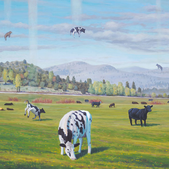 Ascending Cows aka the Great Bovine Rapture, painting of cows ascending to the sky,  art meaning is happiness, art about adapting,art conveying positive joy, art with cattle, art with cows, art with a ranch in a field with a pasture, art about fate chance hope, art wtih floating cows, art meaning enlightened enlightenment, soulful uplifting inspirational art, soul stirring illusion art, romantic art,  surrealism, surreal art, dreamlike imagery, fanciful art, fantasy art, dreamscape visual, metaphysical art, spiritual painting, metaphysical painting, spiritual art, whimsical art, whimsy art, dream art, fantastic realism art, limited edition giclee, signed art print, fine art reproduction, original magic realism oil painting by Paul Bond