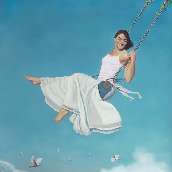 Big Push, painting of a woman swinging in the clouds with white doves,  art with girl in white, art with woman on a swing, painting of sky, art with high swing floating, art meaning with grace risk courage laughing, art with doves, art wtih birds and clouds, soulful uplifting inspirational art, soul stirring illusion art, romantic art,  surrealism, surreal art, dreamlike imagery, fanciful art, fantasy art, dreamscape visual, metaphysical art, spiritual painting, metaphysical painting, spiritual art, whimsical art, whimsy art, dream art, fantastic realism art, limited edition giclee, signed art print, fine art reproduction, original magic realism oil painting by Paul Bond