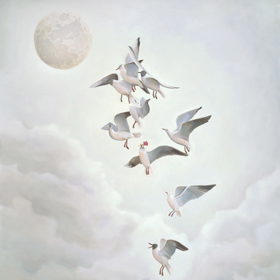 Courting the Moon, painting of seagulls courting the moon with roses, art with ceremony, art with ritual, art with the moon, painting with seagulls flying, lunar love, art meaning about courtship, soulful uplifting inspirational art, soul stirring illusion art, romantic art,  surrealism, surreal art, dreamlike imagery, fanciful art, fantasy art, dreamscape visual, metaphysical art, spiritual painting, metaphysical painting, spiritual art, whimsical art, whimsy art, dream art, fantastic realism art, limited edition giclee, signed art print, fine art reproduction, original magic realism oil painting by Paul Bond