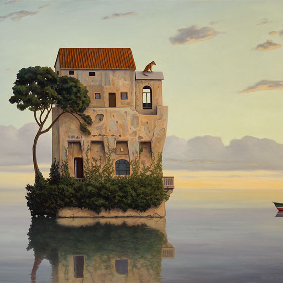 In the Waning Days of the Solitude, painting of Italian villa atop an island, art about meditation, painting meaning quarantine, positive art, art with boat, ocean with sunset sky painting, art with clouds and trees, art with water reflection, painting with the sea, magic realism art of tree, painting of Covid, Covid-19, Coronavirus related art, surreal art with tiger, painting with nature, peaceful art, painting about courage, Bengal tiger, soulful uplifting inspirational art, soul stirring illusion art, romantic art,  surrealism, surreal art, dreamlike imagery, fanciful art, fantasy art, dreamscape visual, metaphysical art, spiritual painting, metaphysical painting, spiritual art, whimsical art, whimsy art, dream art, fantastic realism art, limited edition giclee, signed art print, fine art reproduction, original magic realism oil painting by Paul Bond