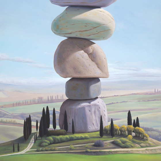 L'isola, painting of Tuscan farmhouse sitting on top of stacked stones, painting of stacked rock cairn on farmland in Italy, art with cairn on island, art dreaming of Tuscany Italy, soulful uplifting inspirational art, soul stirring illusion art, romantic art,  surrealism, surreal art, dreamlike imagery, fanciful art, fantasy art, dreamscape visual, metaphysical art, spiritual painting, metaphysical painting, spiritual art, whimsical art, whimsy art, dream art, fantastic realism art, limited edition giclee, signed art print, fine art reproduction, original magic realism oil painting by Paul Bond