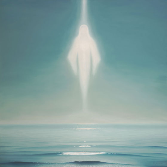 Oceana, painting of the ocean with a Spiritual figure forming from sunlight, sun streaming down into the sea from above, art with angelic figure, soulful uplifting inspirational art, art with waves, soul stirring illusion art, romantic art,  surrealism, surreal art, dreamlike imagery, fanciful art, fantasy art, dreamscape visual, metaphysical art, spiritual painting, metaphysical painting, spiritual art, whimsical art, whimsy art, dream art, fantastic realism art, limited edition giclee, signed art print, fine art reproduction, original magic realism oil painting by Paul Bond