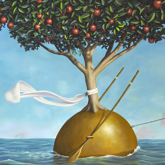 Passage of the Wisdom Keeper, painting of a kingfisher bird pulling an apple tree wearing a scarf with rope through the ocean, wisdom, apple, tree, sea, waves, oars, scarf, bird, kingfisher, orb, clouds, trompe l'oeil, soulful uplifting inspirational art, soul stirring illusion art, romantic art,  surrealism, surreal art, dreamlike imagery, fanciful art, fantasy art, dreamscape visual, metaphysical art, spiritual painting, metaphysical painting, spiritual art, whimsical art, whimsy art, dream art, fantastic realism art, limited edition giclee, signed art print, fine art reproduction, original magic realism oil painting by Paul Bond