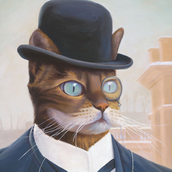 Portrait of a 19th Century Industrialist, painting of a cat dressed like a 19th century industrialist, painting of male cat wearing a monacle and bowler hat, Portrait of an animal, painting with steampunk industry, juxtapose art, soulful uplifting inspirational art, soul stirring illusion art, romantic art,  surrealism, surreal art, dreamlike imagery, fanciful art, fantasy art, dreamscape visual, metaphysical art, spiritual painting, metaphysical painting, spiritual art, whimsical art, whimsy art, dream art, fantastic realism art, limited edition giclee, signed art print, fine art reproduction, original magic realism oil painting by Paul Bond