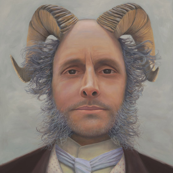 Prof. Thaddeus Steadman Lectures on the Moral Implications of Primal Urgings, painting of a 19th century professor with goat horns coming out of his head, Man, portrait, 19th Century, professor, lecture, goat, ram, horns, pan, beard, trompe l'oeil, soulful uplifting inspirational art, soul stirring illusion art, romantic art,  surrealism, surreal art, dreamlike imagery, fanciful art, fantasy art, dreamscape visual, metaphysical art, spiritual painting, metaphysical painting, spiritual art, whimsical art, whimsy art, dream art, fantastic realism art, magic realism oil painting by Paul Bond