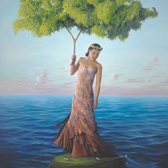 Sanctuary, painting of a eucalyptus tree as a woman, painting of a woman wearing a tree bark dress holding a eucalyptus tree branch surrounded by ocean waves and clouds, painting of a woman on an island in the ocean surrounded by sea waves, painting about refuge, soulful uplifting inspirational art, soul stirring illusion art, romantic art,  surrealism, surreal art, dreamlike imagery, fanciful art, fantasy art, dreamscape visual, metaphysical art, spiritual painting, metaphysical painting, spiritual art, whimsical art, whimsy art, dream art, fantastic realism art, limited edition giclee, signed art print, fine art reproduction, original magic realism oil painting by Paul Bond