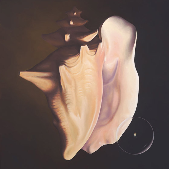Second Coming, painting of a conch shell with a flame inside a bubble floating away from a conch shell, art about Jesus second coming, art with light bubbles, soulful uplifting inspirational art, soul stirring illusion art, romantic art,  surrealism, surreal art, dreamlike imagery, fanciful art, fantasy art, dreamscape visual, metaphysical art, spiritual painting, metaphysical painting, spiritual art, whimsical art, whimsy art, dream art, fantastic realism art, magic realism oil painting by Paul Bond
