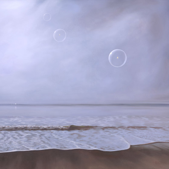 Sojourn, painting of a foggy beach with three floating bubbles with flickering flames inside, painting about death, art meaning hospice, art about life after death, painting depicting the afterlife, painting with orbs, misty ocean scene, soulful uplifting inspirational art, soul stirring illusion art, romantic art,  surrealism, surreal art, dreamlike imagery, fanciful art, fantasy art, dreamscape visual, metaphysical art, spiritual painting, metaphysical painting, spiritual art, whimsical art, whimsy art, dream art, fantastic realism art, limited edition giclee, signed art print, fine art reproduction, original magic realism oil painting by Paul Bond