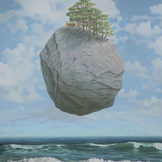 Something Unprecedented, painting of a rock floating in the sky, Rene Magritte art, painting about global warming, art about ecology, painting meaning conservation, art about caring for the earth, granite boulder art, castle of the Pyrenees art, art with redwood forest, cabin in the woods, art with ocean, painting of sea and sky, magic realism art of levitating stone, climate change art, painting of climate crisis, Silent Running movie, painting with clouds, ocean waves, surreal art about saving the planet, painting with nature, peaceful art, painting of the earth, soulful uplifting inspirational art, soul stirring illusion art, romantic art,  surrealism, surreal art, dreamlike imagery, fanciful art, fantasy art, dreamscape visual, metaphysical art, spiritual painting, metaphysical painting, spiritual art, whimsical art, whimsy art, dream art, fantastic realism art, limited edition giclee, signed art print, fine art reproduction, original magic realism oil painting by Paul Bond