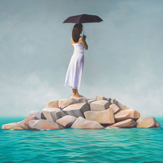 The Arrival, painting of a woman in white standing on an island of rocks in the ocean, art with girl holding a black umbrella staring into the distant ocean, female figure on an island, missing luggage baggage, art about clarity and manifestation, painting about relationship, art with black umbrella, art about being alone and solitude, art abhout desire, art meaning intuition and hope, painting about waiting for love, soulful uplifting inspirational art, soul stirring illusion art, romantic art,  surrealism, surreal art, dreamlike imagery, fanciful art, fantasy art, dreamscape visual, metaphysical art, spiritual painting, metaphysical painting, spiritual art, whimsical art, whimsy art, dream art, fantastic realism art, limited edition giclee, signed art print, fine art reproduction, original magic realism oil painting by Paul Bond