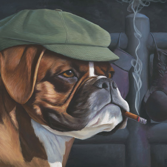The Boxer, painting of a brown and white boxer dog wearing a green newsboy cap and smoking a cigar with boxing gloves in background, art with boxer boxing ring, dog, trompe l'oeil, soulful uplifting inspirational art, soul stirring illusion art, romantic art,  surrealism, surreal art, dreamlike imagery, fanciful art, fantasy art, dreamscape visual, metaphysical art, spiritual painting, metaphysical painting, spiritual art, whimsical art, whimsy art, dream art, fantastic realism art, limited edition giclee, signed art print, fine art reproduction, original magic realism oil painting by Paul Bond