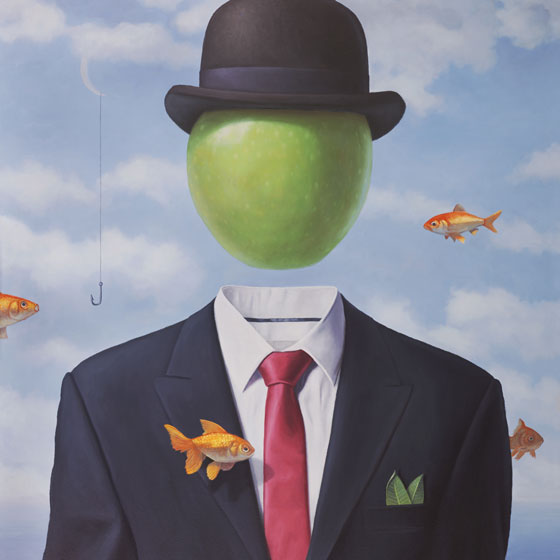 The Buoyant Irony of Man's Search for Meaning, painting of an apple floating in the sky, Rene Magritte art, painting about global purpose, art about meaning of life, painting of man in suit with bowler hat, art about having fun, goldfish art, floating fish art, art with the moon, art with green apple, painting of sea and sky, magic realism art of floating head, fishing hook art, painting of fish hook, painting with clouds, brick wall art, surreal painting with nature, peaceful art, soulful uplifting inspirational art, soul stirring illusion art, romantic art,  surrealism, surreal art, dreamlike imagery, fanciful art, fantasy art, dreamscape visual, metaphysical art, spiritual painting, metaphysical painting, spiritual art, whimsical art, whimsy art, dream art, fantastic realism art, limited edition giclee, signed art print, fine art reproduction, original magic realism oil painting by Paul Bond