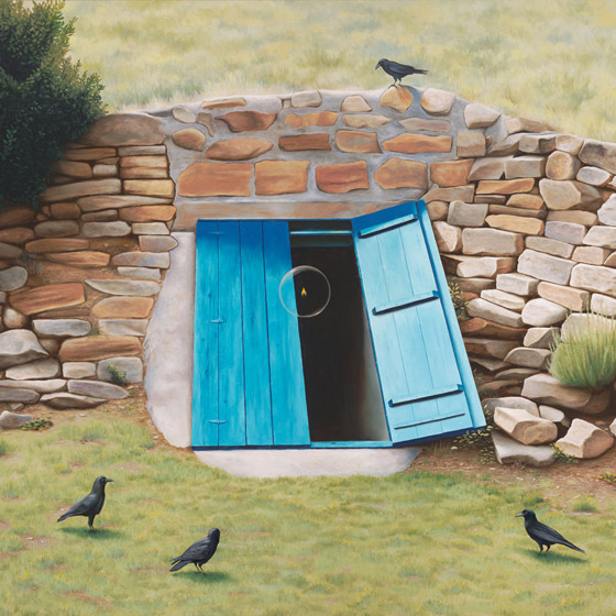The Effects Of Departure From Ideal Proportions, painting of a blue cellar door partially open with a flame floating in a bubble, art with raven crows, painting about the dark night of the soul, art set at ghost ranch Abiquiu new mexico,soulful uplifting inspirational art, soul stirring illusion art, romantic art,  surrealism, surreal art, dreamlike imagery, fanciful art, fantasy art, dreamscape visual, metaphysical art, spiritual painting, metaphysical painting, spiritual art, whimsical art, whimsy art, dream art, fantastic realism art, magic realism oil painting by Paul Bond