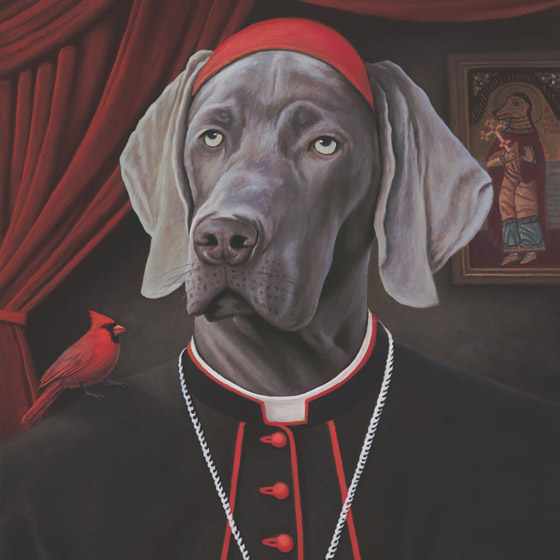 The Emissaries, painting of a weimaraner dog dressed like a cardinal, painting with red  cardinal bird, art with catholic priests, pious, painting about religion and love, painting meaning happy positive joyful state of being, art abour unconditional love of pet, soulful uplifting inspirational art, soul stirring illusion art, romantic art,  surrealism, surreal art, dreamlike imagery, fanciful art, fantasy art, dreamscape visual, metaphysical art, spiritual painting, metaphysical painting, spiritual art, whimsical art, whimsy art, dream art, fantastic realism art, limited edition giclee, signed art print, fine art reproduction, original magic realism oil painting by Paul Bond