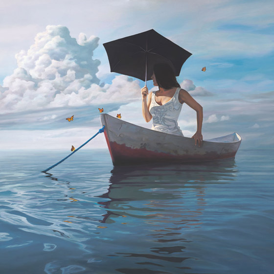 The Girl Who Married a Cloud, painting of a woman wearing a white wedding dress in row boat, art with butterflies surrounding a woman, portrait of a girl woman in a canoe boat, art with water, ocean, waves, painting of girl with umbrella, art about idealism, art about marriage and relationship, soulful uplifting inspirational art, soul stirring illusion art, romantic art,  surrealism, surreal art, dreamlike imagery, fanciful art, fantasy art, dreamscape visual, metaphysical art, spiritual painting, metaphysical painting, spiritual art, whimsical art, whimsy art, dream art, fantastic realism art, limited edition giclee, signed art print, fine art reproduction, original magic realism oil painting by Paul Bond