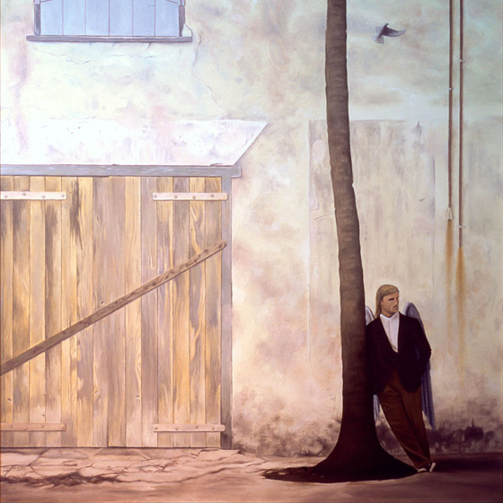 The Longing, painting of man leaning against a palm tree next to a building with a blue window, art with handsome man, art with guardian angel, guard house, door, window, soulful uplifting inspirational art, soul stirring illusion art, romantic art,  surrealism, surreal art, dreamlike imagery, fanciful art, fantasy art, dreamscape visual, metaphysical art, spiritual painting, metaphysical painting, spiritual art, whimsical art, whimsy art, dream art, fantastic realism art, magic realism oil painting by Paul Bond
