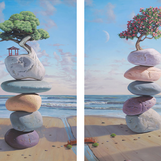 The Lovers,  diptych painting of stacked rocks connected by a bridge over a stream, painting with male and female essence, stacked stones with shelter and flowers on tree painting about home is where the heart is, art about growth and expansion, ocean, sea, sand, wave, water, rock, stone, balance, art with cairn balancing stones, bridge, path, tree, bonsai, beach, manifest, cherry blossom, cherry tree, moon, soulful uplifting inspirational art, soul stirring illusion art, romantic art,  surrealism, surreal art, dreamlike imagery, fanciful art, fantasy art, dreamscape visual, metaphysical art, spiritual painting, metaphysical painting, spiritual art, whimsical art, whimsy art, dream art, fantastic realism art, limited edition giclee, signed art print, fine art reproduction, original magic realism oil painting by Paul Bond