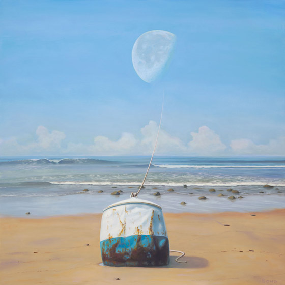 The mooring, painting of a rusted buoy sitting on the edge of the sand with a rope that goes up to the moon, mooring, tied, art with moon, rope, ship, rusty, beach, dream, art about love and companionship, ocean, sea, illustion, buoy, floating, drift, optical illustion, waves, surf, sand, moon, lunar, orbit, tethered, trompe l'oeil, soulful uplifting inspirational art, soul stirring illusion art, art with poetry, romantic art,  surrealism, surreal art, dreamlike imagery, fanciful art, fantasy art, dreamscape visual, metaphysical art, spiritual painting, metaphysical painting, spiritual art, whimsical art, whimsy art, dream art, fantastic realism art, limited edition giclee, signed art print, fine art reproduction, original magic realism oil painting by Paul Bond