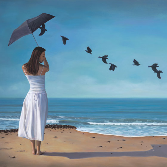 the releasing of sorrows, painting of a woman standing on the beach in white holding a black umbrella with ravens flying away out of the umbrella, woman, umbrella, white dress, art with stacked stone cairn, rocks, sky, flying, art with crow raven black birds, clouds, water, waves, sea, ocean, surf, surfing, beach, art about sadness sorrow, art about pain release, purge, heal, trompe l'oeil,soulful uplifting inspirational art, soul stirring illusion art, romantic art,  surrealism, surreal art, dreamlike imagery, fanciful art, fantasy art, dreamscape visual, metaphysical art, spiritual painting, metaphysical painting, spiritual art, whimsical art, whimsy art, dream art, fantastic realism art, limited edition giclee, signed art print, fine art reproduction, original magic realism oil painting by Paul Bond